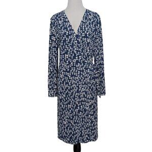 Lark & Ro Floral Wrap Dress Womens Size Large Blue Stretch Long Sleeve A Line